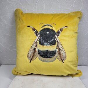M&S India Velvet Bumble Bee Throw Pillow 15" Yellow Embroidered Zipper